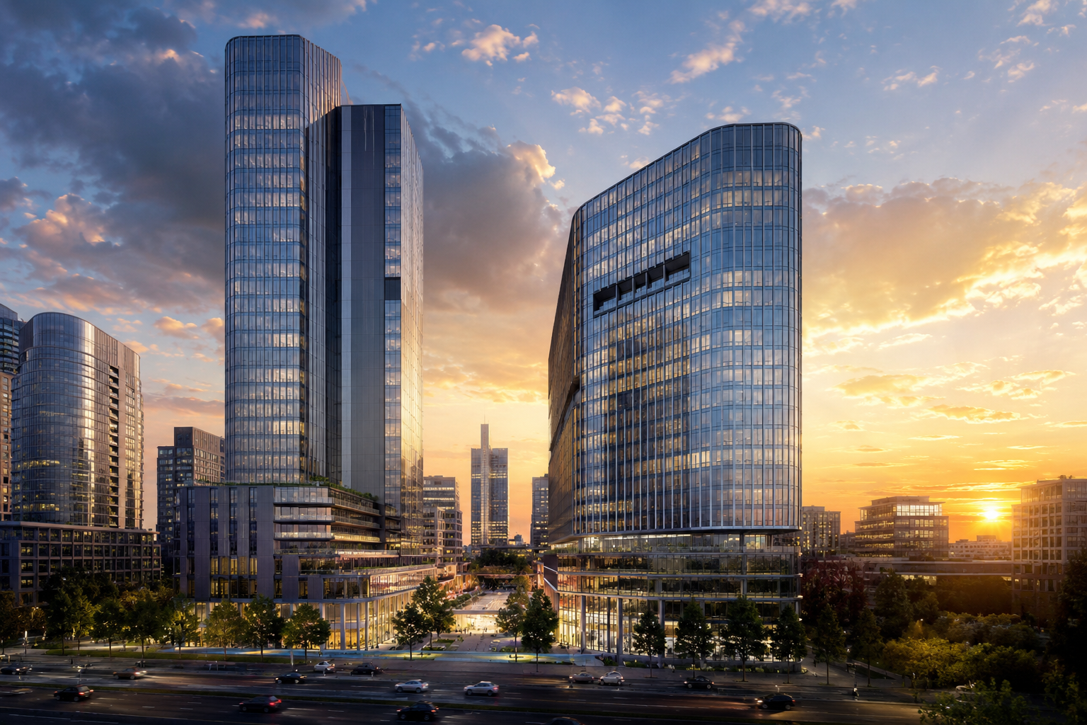 Corporate buildings at sunset